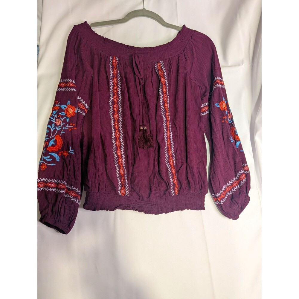 Xhilaration Off-the-Shoulder Embroidered Floral Tassel Knit Top S